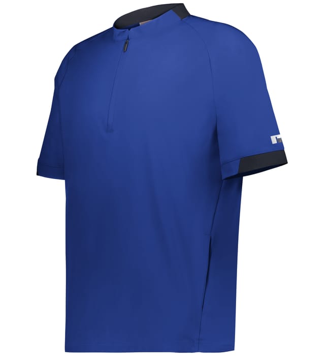 Blue athletic pull over shirt with black accents on a white background