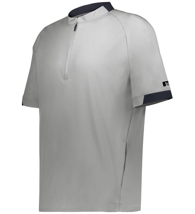 Gray short-sleeve pullover with navy accents on a white background