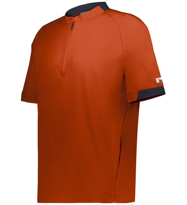 Orange short-sleeve shirt with black accents on a white background