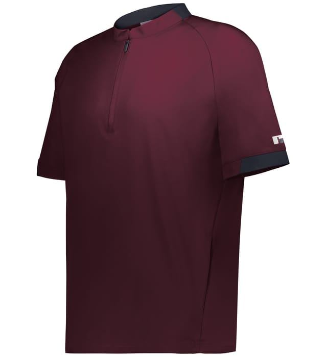 Maroon short-sleeve pullover shirt with black accents on a white background