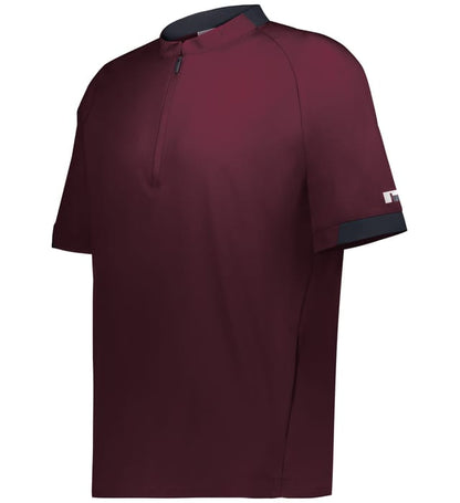 Maroon short-sleeve pullover shirt with black accents on a white background
