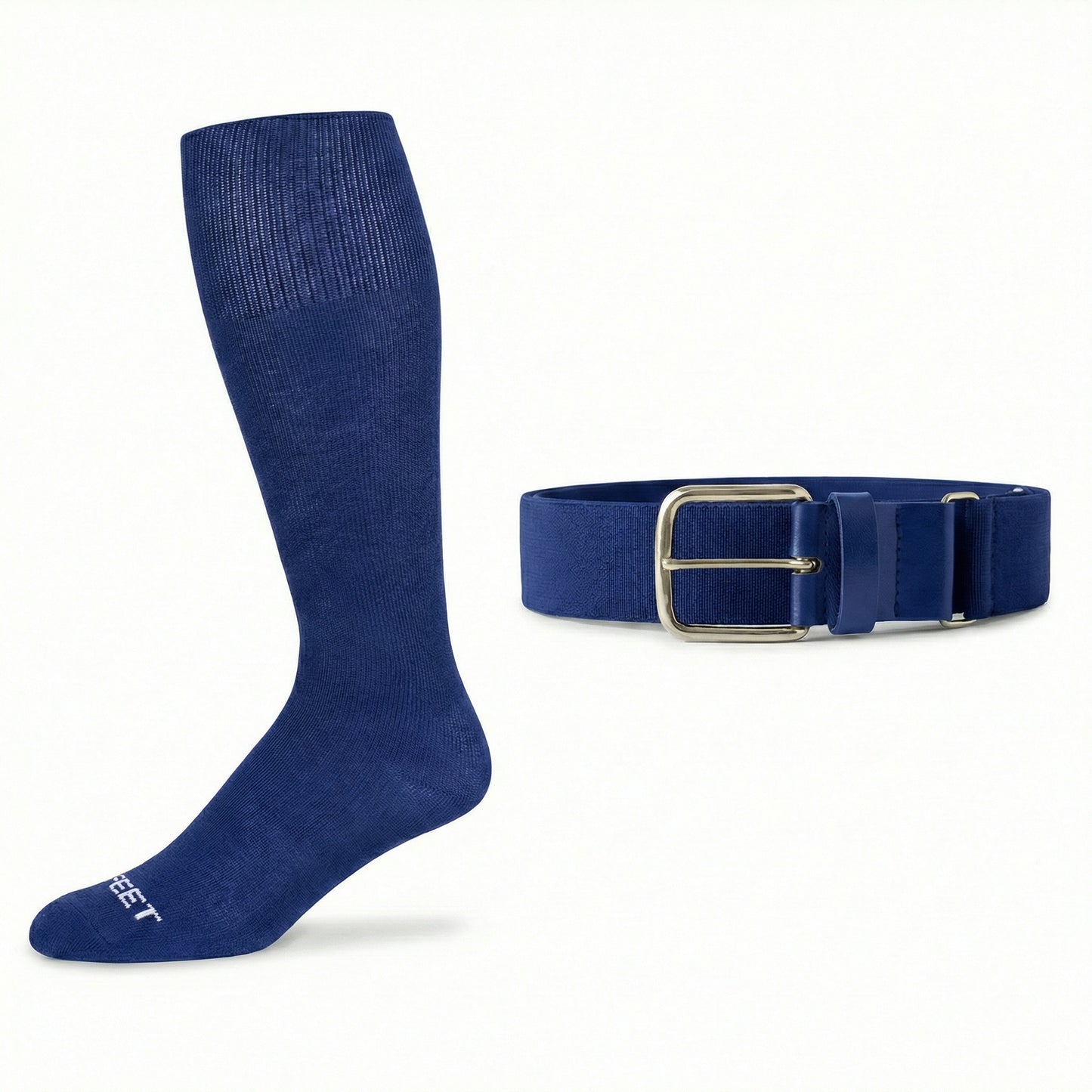 Blue knee-high  baseball and all sports sock and belt on a white background