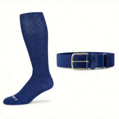 Blue knee-high  baseball and all sports sock and belt on a white background