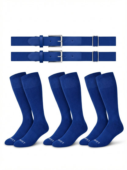 Two belts and three pairs of The sock and belt in royal color on a white background