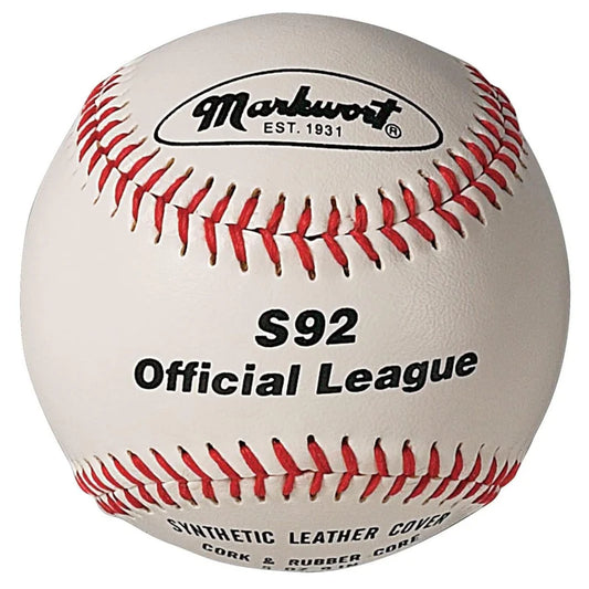 Markwort S92 Baseball in white color with red stitching with text written official league on ball, on white background