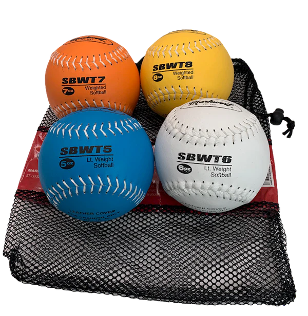 set of four Markwort Weighted Softball Set 5-6-7-8 oz in blue, yellow, white and orange color on black mesh bag