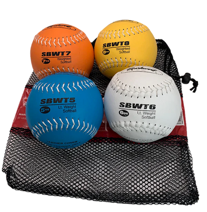 set of four Markwort Weighted Softball Set 5-6-7-8 oz in blue, yellow, white and orange color on black mesh bag