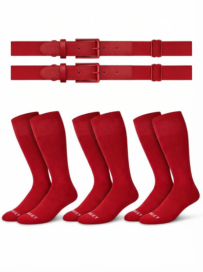 Two belts and three pairs of The sock and belt in scarlet color on a white background
