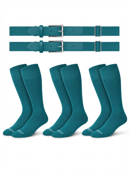Two belts and three pairs of The sock and belt in teal  color on a white background