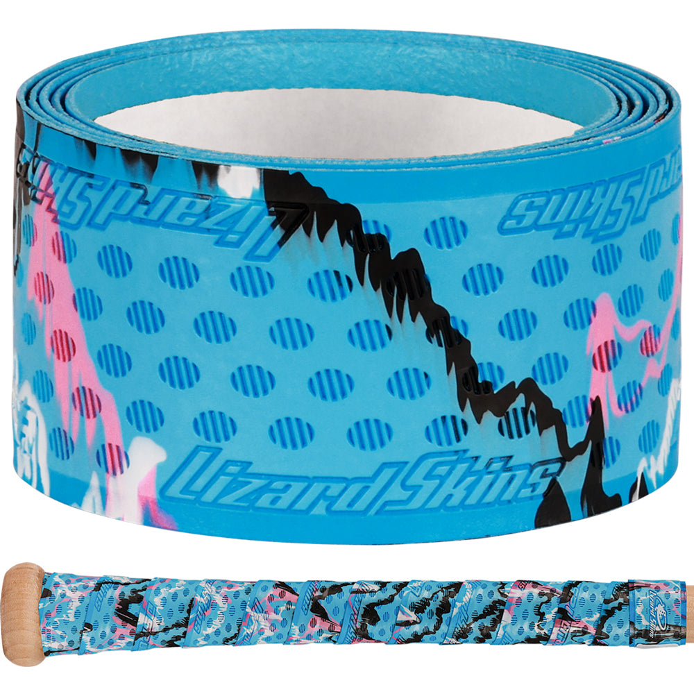 Roll of Lizard Skins Ultra Bat Grip in vice  Camo texture in blue and black color on white background