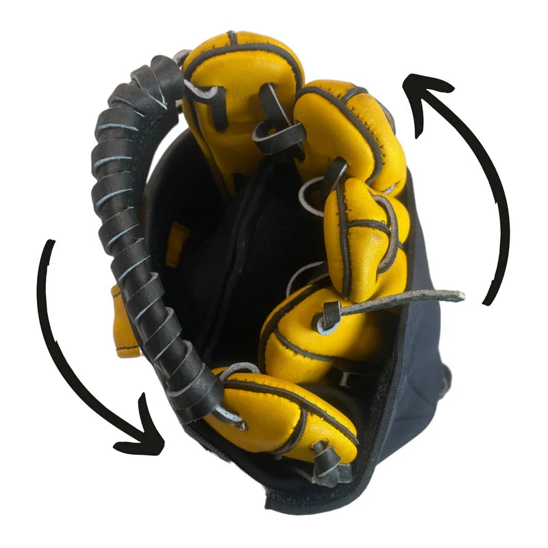 yellow and black Markwort  Glove Locker Ball Glove Break-In & Maintenance Kit side view on white background