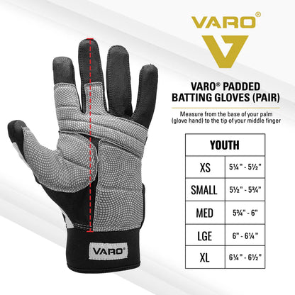 Gray and black Varo padded batting glove with size chart on a white background, featuring the VARO brand.