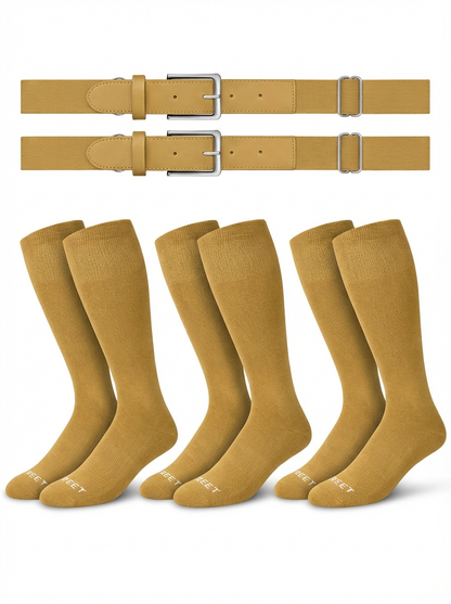 Two belts and three pairs of The sock and belt in vegas gold color on a white background