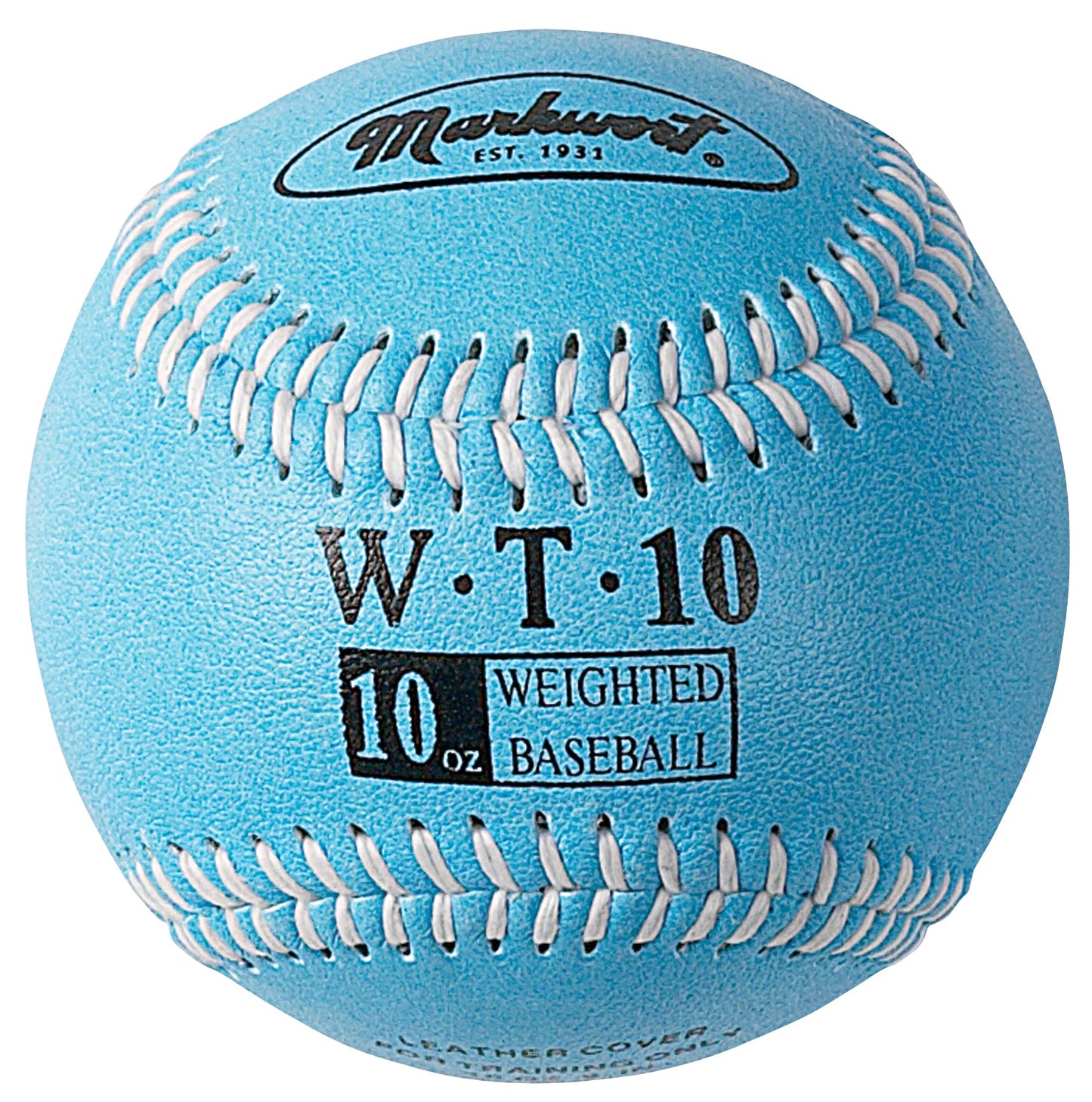 blue 10 oz Weighted Leather Baseball with white stitching on blue background