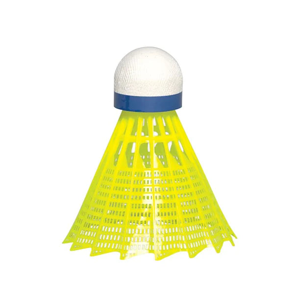 Yellow badminton shuttlecock with a blue top on a white background. JEX 700 Tournament Grade Shuttlecock - Cork Base - Yellow Skirt