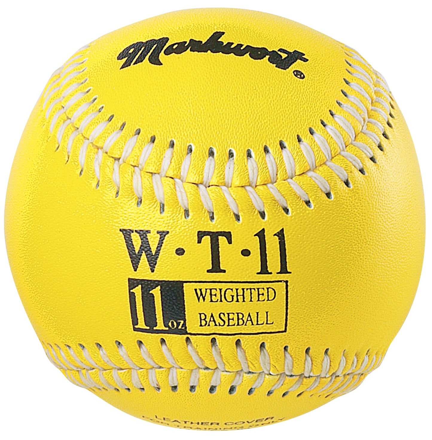 yellow 11 oz Weighted Leather Baseball with white stitching on blue background