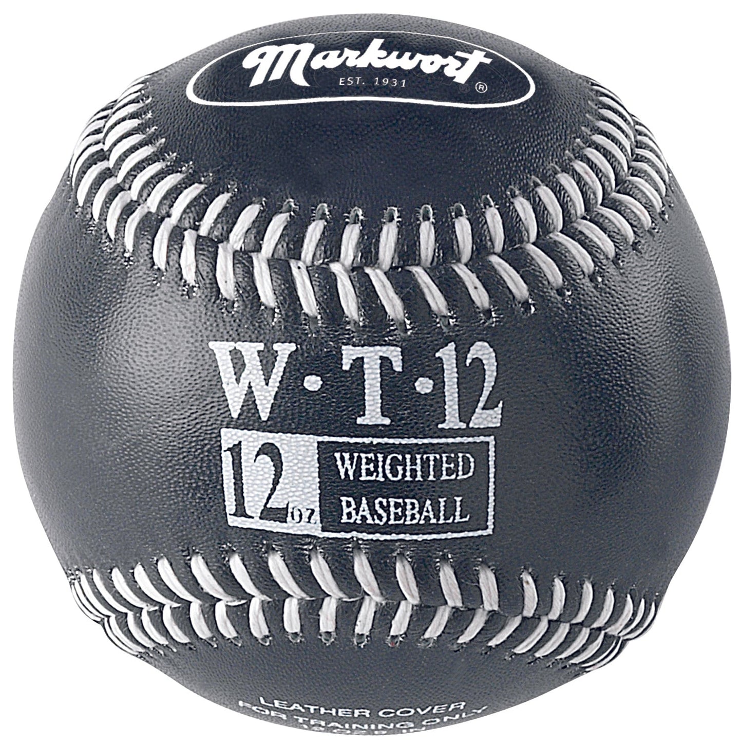 black 12 oz Weighted Leather Baseball with white stitching on blue background