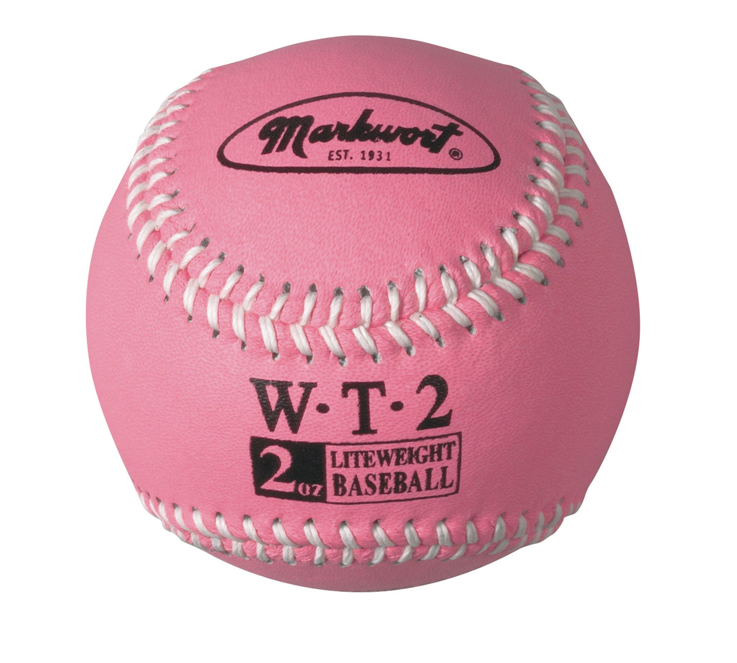 pink 2 oz Weighted Leather Baseball with white stitching on blue background