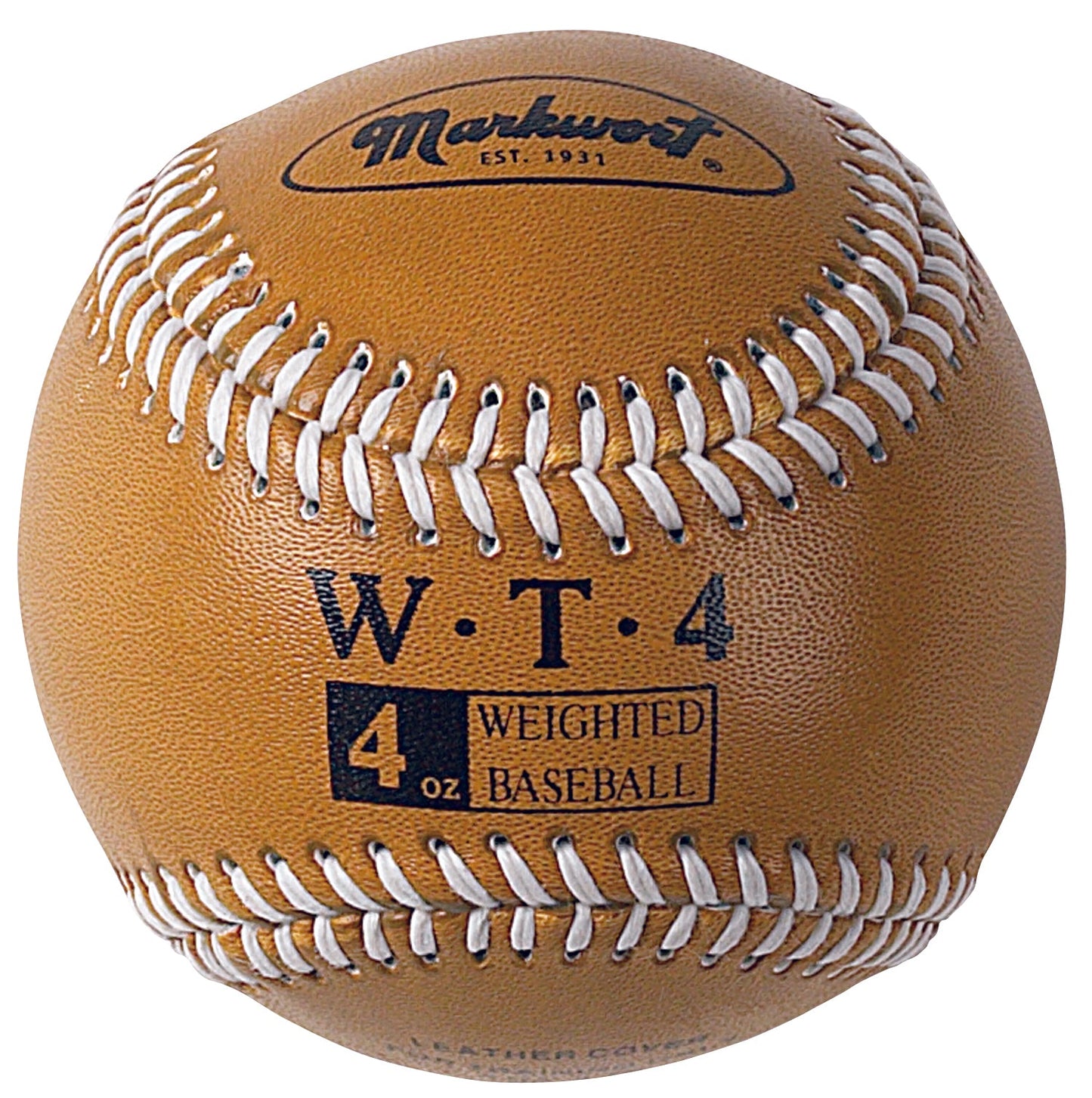 brown 4 oz Markwort Weighted Leather Baseball with white stitching on blue background
