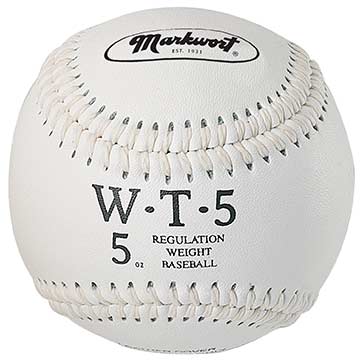 white 5 oz Markwort Weighted Leather Baseball with white stitching on blue background
