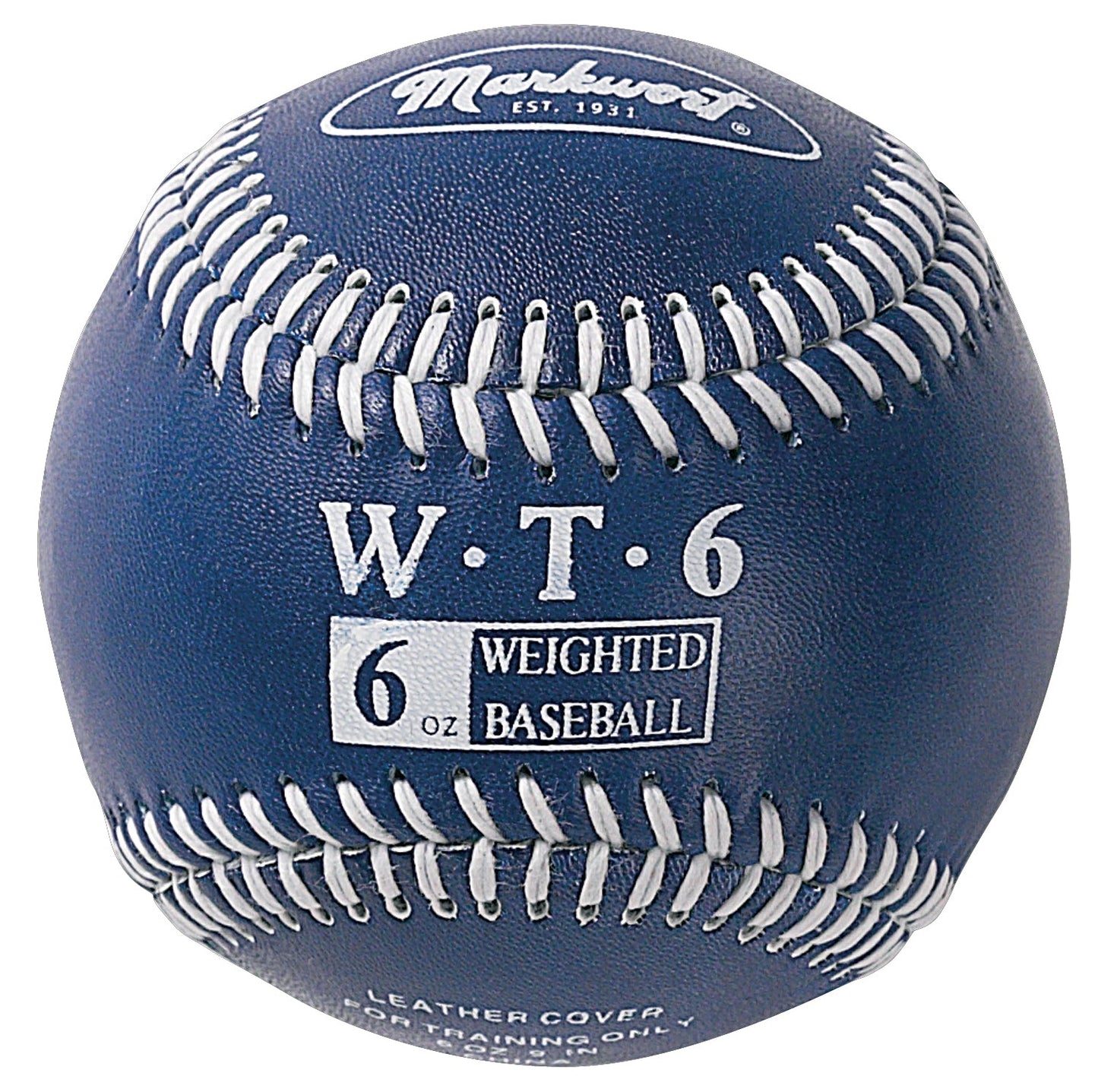 blue 6 oz Markwort Weighted Leather Baseball with white stitching on blue background