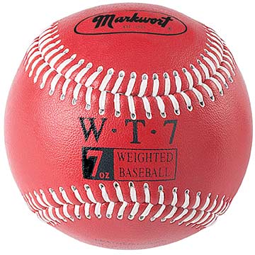 red 7 oz Markwort Weighted Leather Baseball with white stitching on blue background