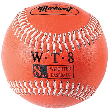 orange 8 oz Markwort Weighted Leather Baseball with white stitching on blue background