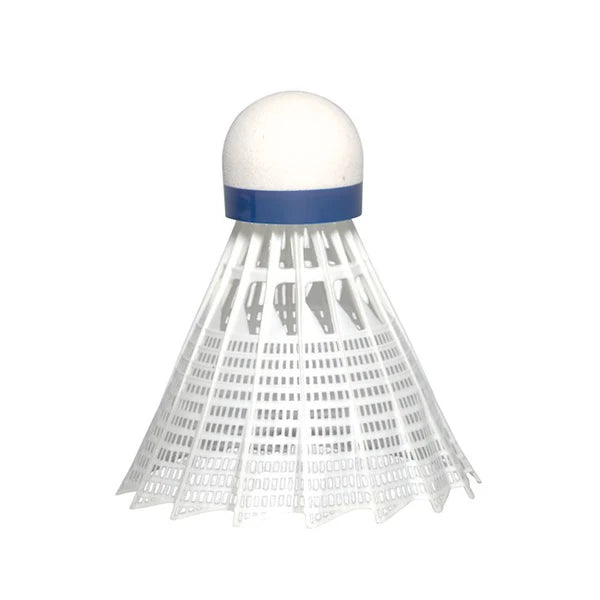 Badminton shuttlecock with white top and blue band on a white background. JEX 600 Official Grade Nylon Shuttlecock Foam Base - Medium Speed - White Skirt