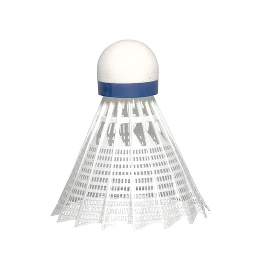 Badminton shuttlecock with white top and blue band on a white background. JEX 600 Official Grade Nylon Shuttlecock Foam Base - Medium Speed - White Skirt