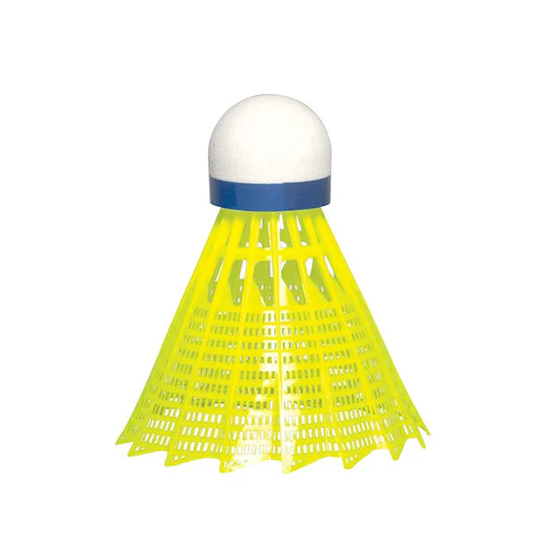 Yellow badminton shuttlecock with a blue band on a white background. JEX 600 Official Grade Nylon Shuttlecock Foam Base - Medium Speed - Yellow Skirt