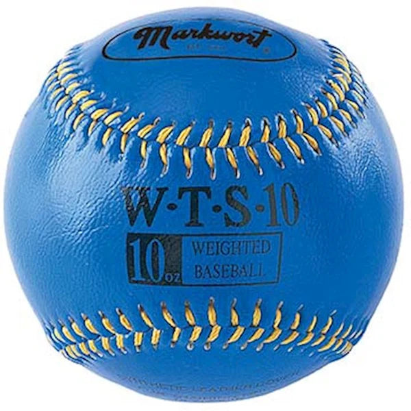 Blue Weighted Synthetic Leather Baseball with yellow stitching on a white background weight 10 oz