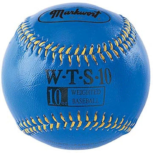 Blue Weighted Synthetic Leather Baseball with yellow stitching on a white background weight 10 oz
