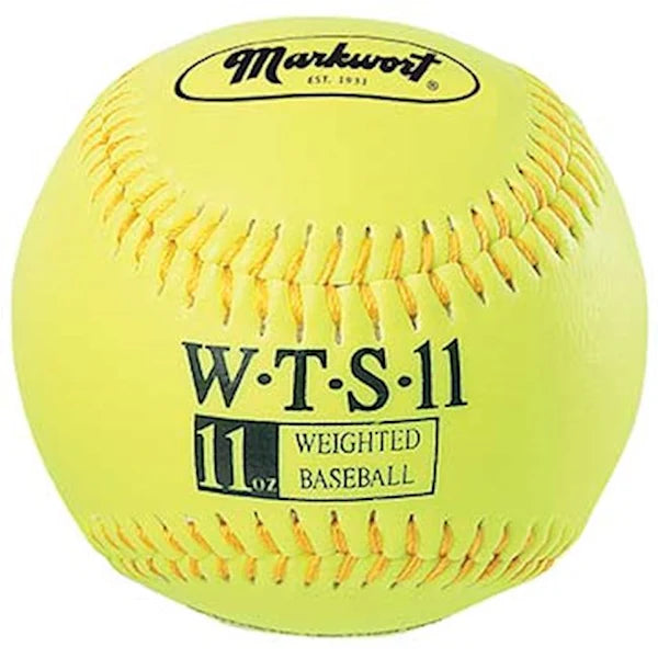yellow 11 oz Markwort Weighted Synthetic Leather Baseball with yellow stitching on a white background 
