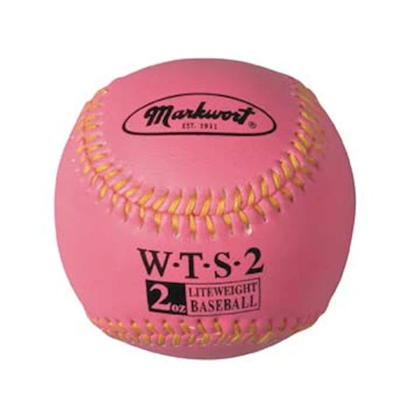 pink 2 oz Markwort Weighted Synthetic Leather Baseball with yellow stitching on a white background 