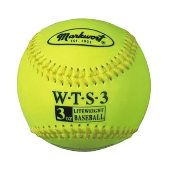 neon green 3 oz Markwort Weighted Synthetic Leather Baseball with yellow stitching on a white background 