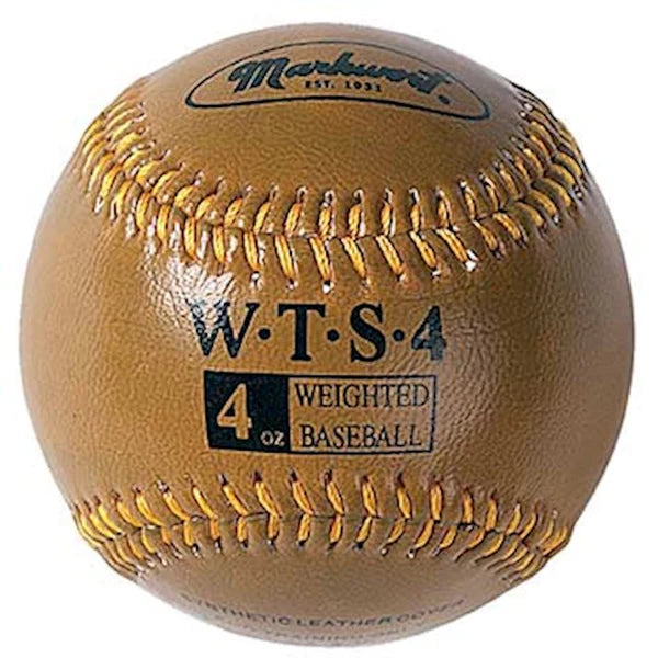 brown 4 oz Markwort Weighted Synthetic Leather Baseball with yellow stitching on a white background 