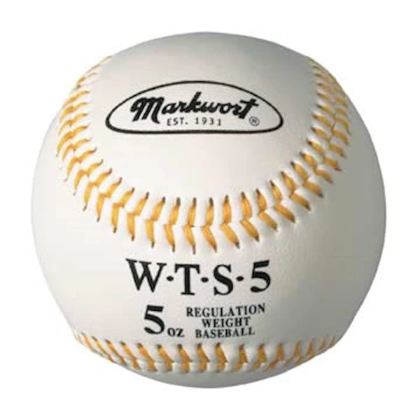 white 5 oz Markwort Weighted Synthetic Leather Baseball with yellow stitching on a white background 