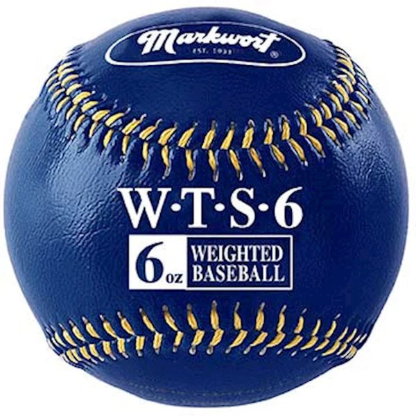dark blue 6 oz Markwort Weighted Synthetic Leather Baseball with yellow stitching on a white background 