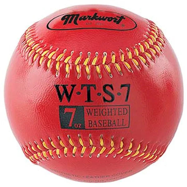 red 7 oz Markwort Weighted Synthetic Leather Baseball with yellow stitching on a white background 