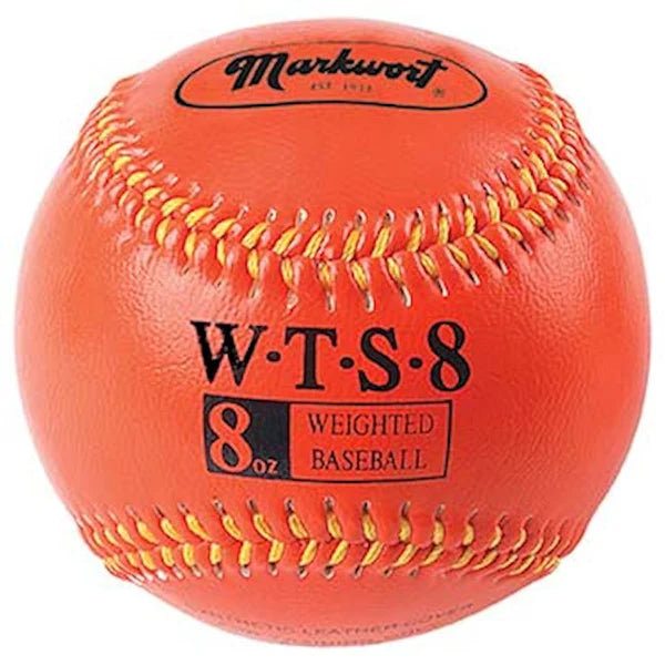 orange 8 oz Markwort Weighted Synthetic Leather Baseball with yellow stitching on a white background 