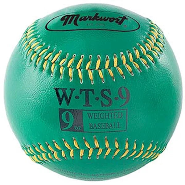 sea gree 9 oz Markwort Weighted Synthetic Leather Baseball with yellow stitching on a white background 