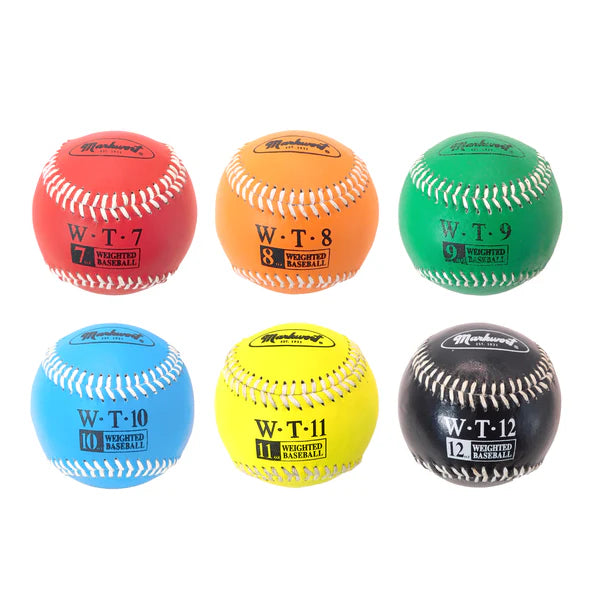 set of 6 colorful Weighted Baseball Set - Leather Cover 7-8-9-10-11-12oz on white background