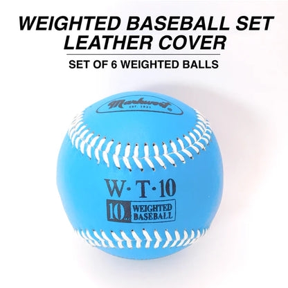 Blue weighted baseball with white stitching on a white background, featuring the Markwort brand.