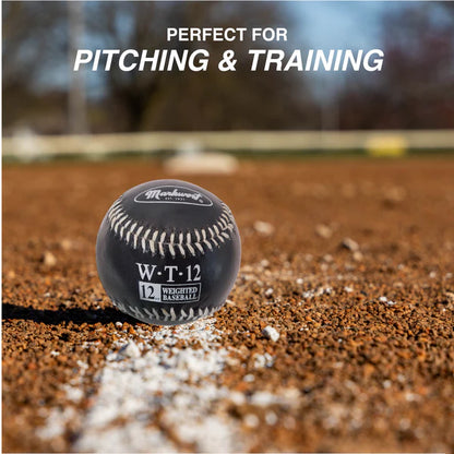 Weighted baseball on a dirt field with text 'Perfect for Pitching & Training'.