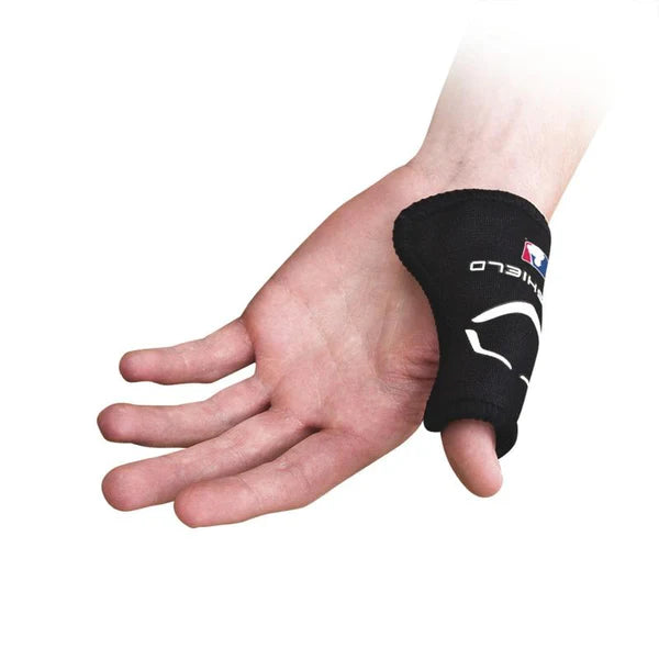 hand show offing black EvoShield Catcher's Thumb Guard on white background