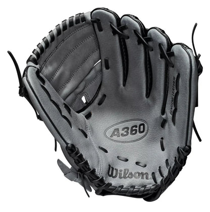 Black and gray baseball glove with 'Wilson' branding on a white background. glove model is Wilson Carbonlite A360 12" Youth Baseball Glove
