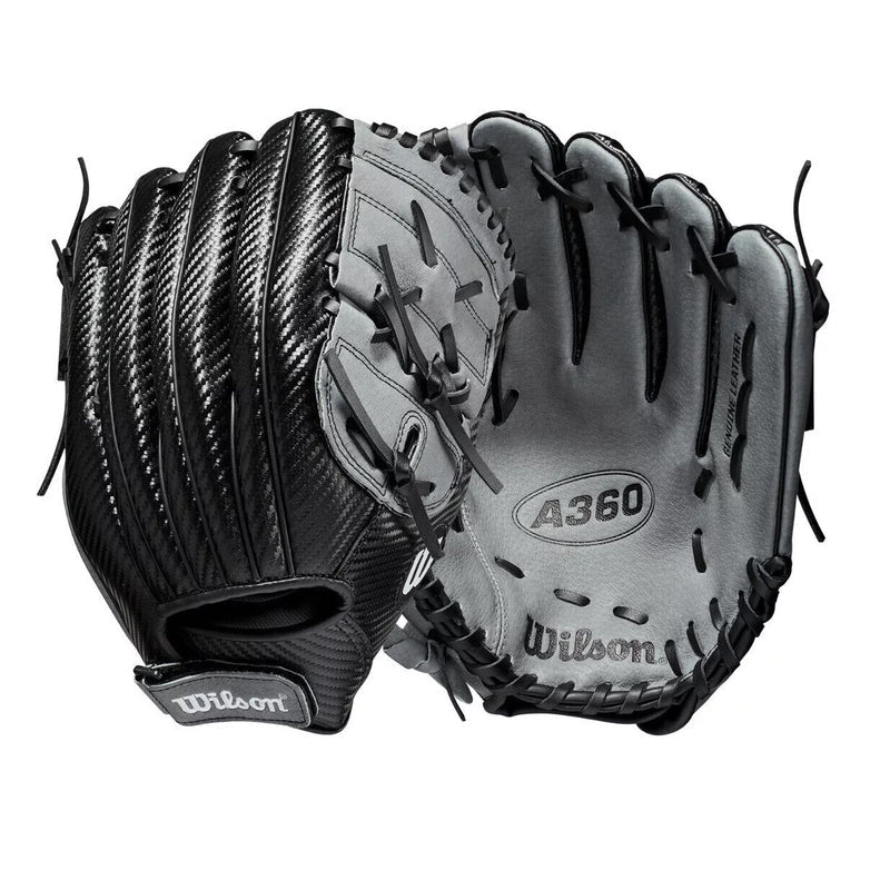 Black and gray baseball glove with 'Wilson' branding on a white background. glove model is Wilson Carbonlite A360 12" Youth Baseball Glove