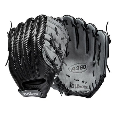 Black and gray baseball glove with 'Wilson' branding on a white background. glove model is Wilson Carbonlite A360 12" Youth Baseball Glove