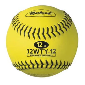 yellow Markwort Weighted Leather 12" Softball with black stitching on white background 
