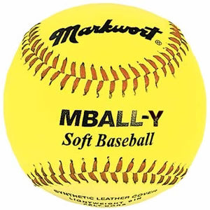 yellow Markwort Soft Lightweight Baseball with red stitching on white background